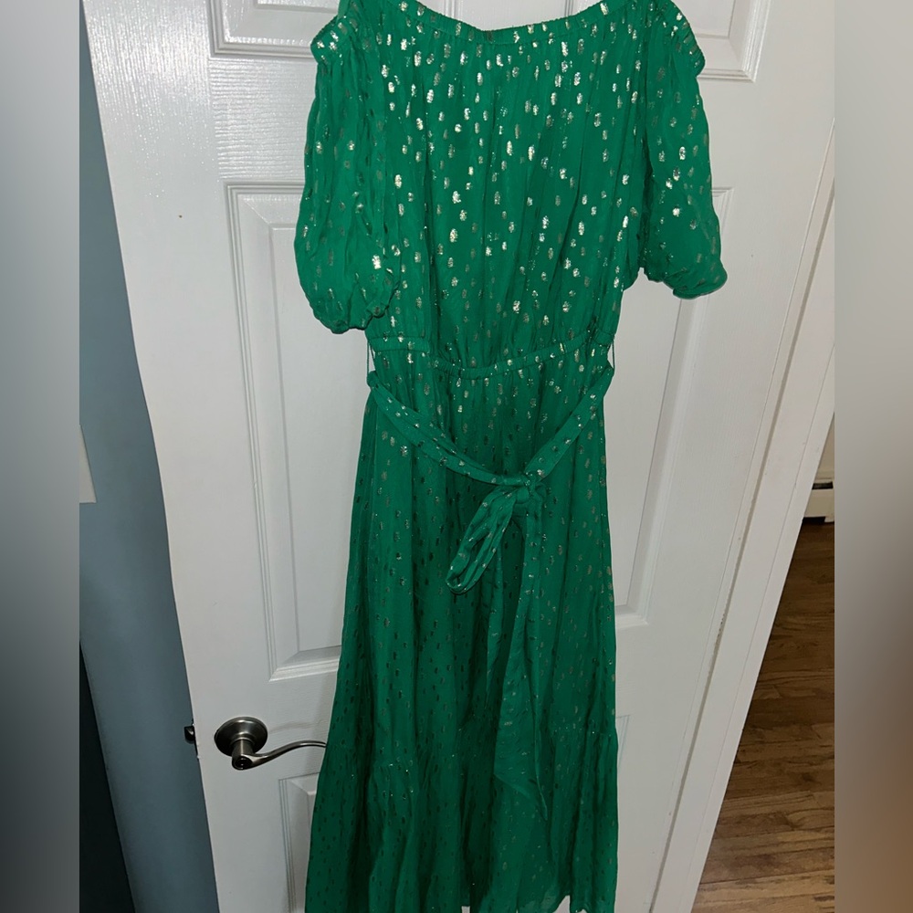 Lilly Pulitzer Green Metallic Dot Midi Dress with Tie Waist. Size Large.